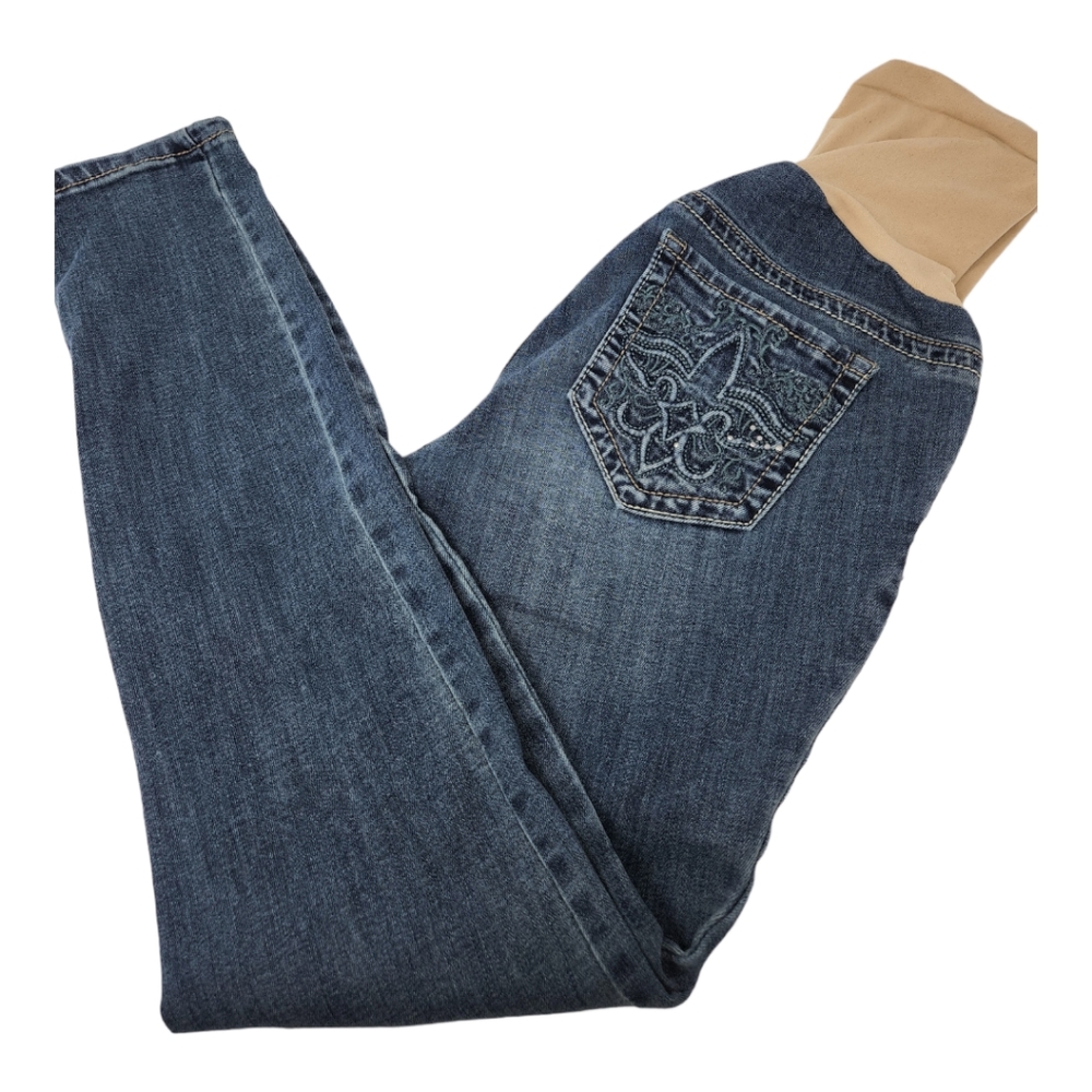 Maternity Jeans Size S Over Belly Panel Stretch Rhinestone Pockets Tapered Leg
